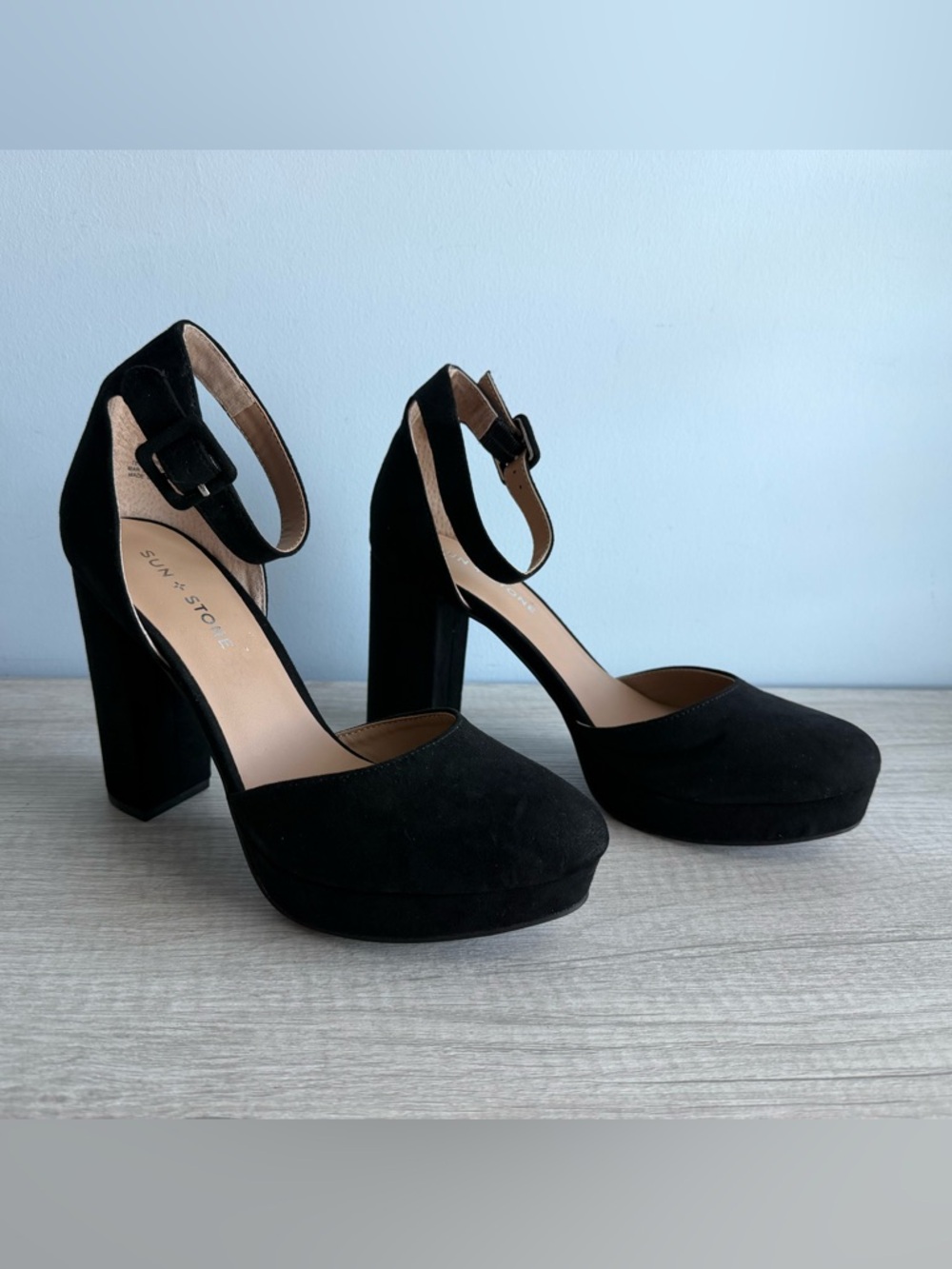 Sun + Stone Women's Black Birdey Ankle Strap Block Heel Platform Pumps Size 9